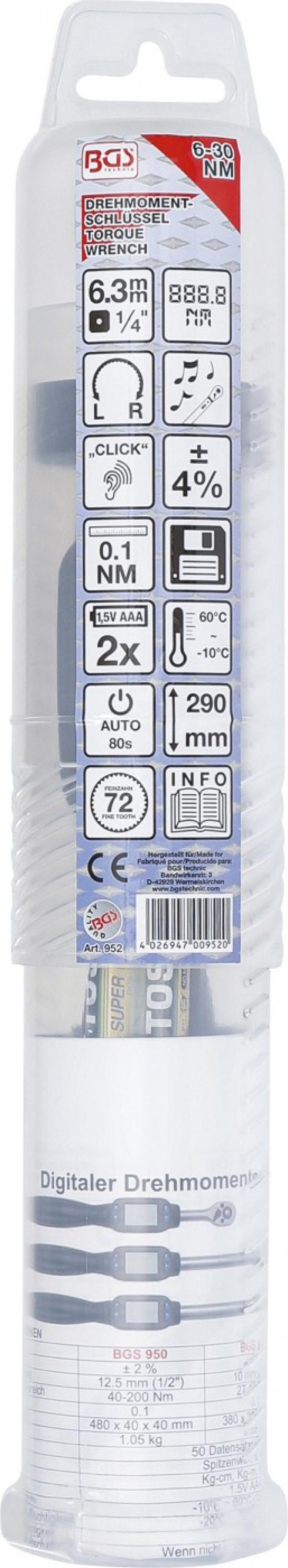 Digitaler Drehmomentschlüssel | Abtrieb Außenvierkant 6,3 mm (1/4") | 6 - 30 Nm