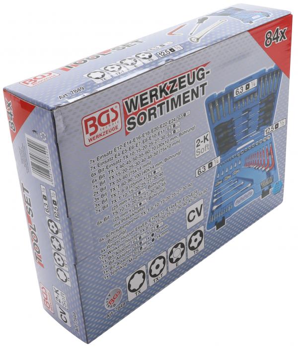 Werkzeugsortiment | 6,3 mm (1/4") + 12,5 mm (1/2") | E-Profil / T-Profil (für Torx) | 84-tlg.