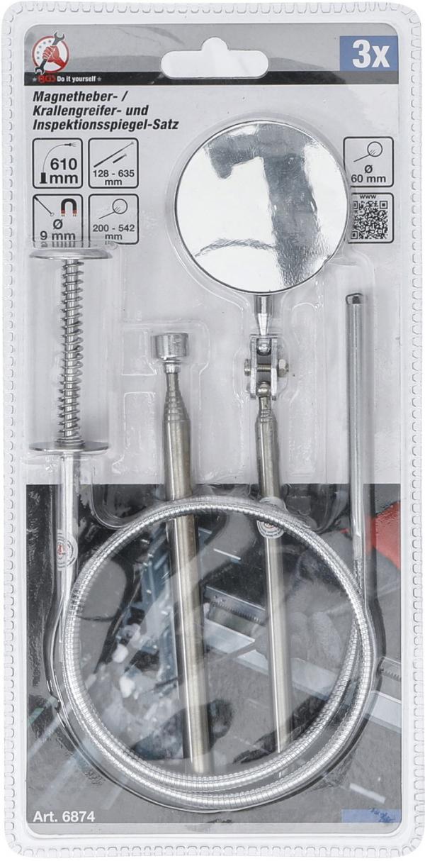 Magnetheber- / Krallengreifer- und Inspektionsspiegel-Satz | 3-tlg.