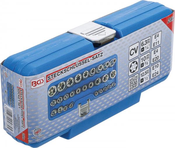 Steckschlüssel-Einsatz-Satz E-Profil | Antrieb Innenvierkant 6,3 mm (1/4") / 12,5 mm (1/2") | SW E4 - E24 | 28-tlg.