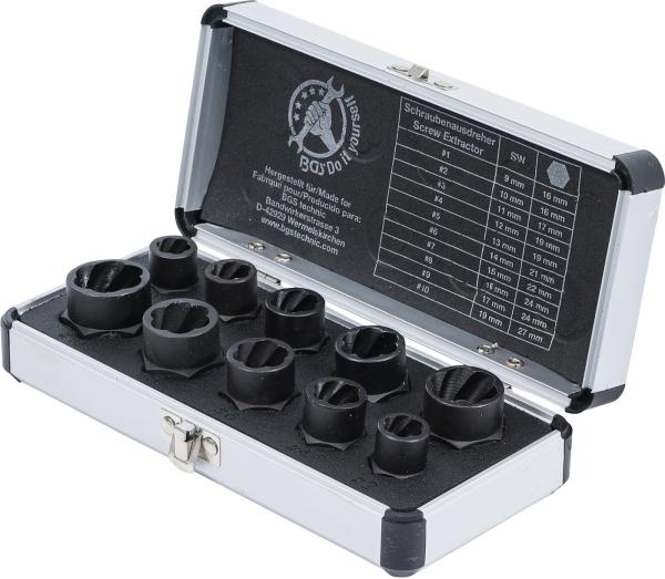 Spiral-Profil-Steckschlüssel-Satz / Schraubenausdreher | Antrieb Innensechskant 10 mm (3/8") / Außensechskant | SW 9 - 19 mm | 10-tlg.