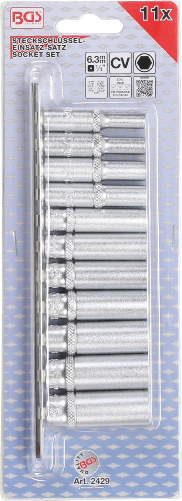 Steckschlüssel-Einsatz-Satz Sechskant, tief | Antrieb Innenvierkant 6,3 mm (1/4") | Zollgrößen | 11-tlg.